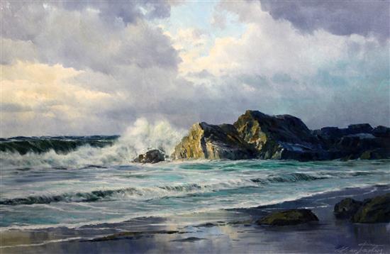 Edgar Freyberg (b.1927) Waves breaking on the shore, 24 x 36in.